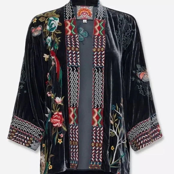 Johnny Was Gen Boho Velvet Floral Embroidered Kimono Jacket Jasper NWT